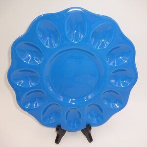 Vintage Italian Round Blue Ceramic Deviled Egg Plate Tray Platter Italy